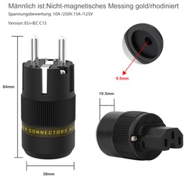 P078ER 1 Pair HiFi Schuko Plug AC 16A 250V Rhodium-Plated EU Plug 2-Pin High End Audio IEC C15 Socket Plug, Hi-End IEC Plug for DIY Audiophile Power Cable (Rhodinated, P078E)