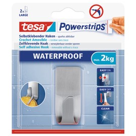 tesa Powerstrips Waterproof Haken Zoom Metall - Wasserfester Klebehaken aus Edelstahl für Badezimmer und Dusche
