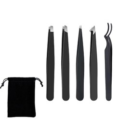Professional Stainless Steel precision Eyebrow &False Eyelashes Tweezers 5 Pack for Eyebrows Plucking Facial & Ingrown Hair Splinter blackhead & Tick Remover False Eyelashes Tools Set… (Cluster)