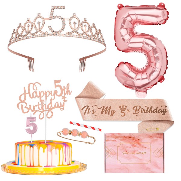 Decoraciones de 5º cumpleaños para niñas, incluyendo banda de 5º cumpleaños, tiara de corona de diamantes de imitación de oro rosa, decoración de pasteles, velas de números y globos, regalos de cumpleaños de 5 años para suministros de fiesta de niña
