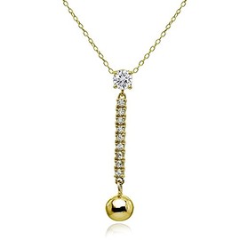 Hoops & Loops Yellow Gold Flashed Sterling Silver Cubic Zirconia Round Long Dangling Bar Bead Drop Necklace