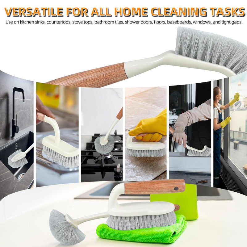 Attoshow 5-Pack Heavy Duty Scrub Brushes Set with Wooden Handles,
