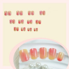 Summer Press on Nails Extra Short Square Fake Nails Glossy Acrylic Full Cover Pink Yellow Gradient False Nails Stick on Nail for Women Girls Cute Artificial Acrylic Nails for Women 24 Pcs