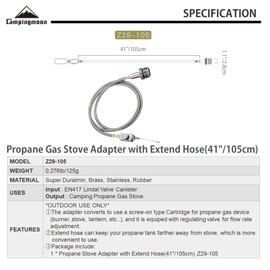 Campingmoon Camping Grill Propane Gas Stove Adapter with Extend Hose(41"/105cm), Input: EN417 Lindal Valve Canister, Output: Propane Gas Stove Z29-105