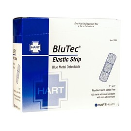 Hart Health 1089 BlueTec 1" x 3" Metal Detectable Elastic Strip Bandages, Flexible Fabric, Latex Free, 100 Per Box