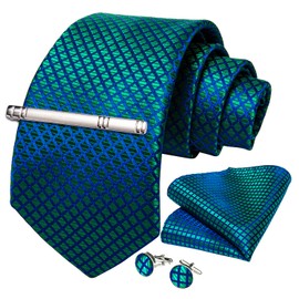 DiBanGu Plaid Ties for Men Silk Checkered Necktie and Pocket Square Cufflinks Tie Clip Set with Gift Box for Wedding Business, Turquoise