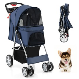 PETSITE Folding Dog Stroller, Pet Stroller for Small Medium Dogs & Cats, Dog Stroller Travel Carrier with 4 Lockable Wheels, Cup Holder, Removable Liner and Storage Basket