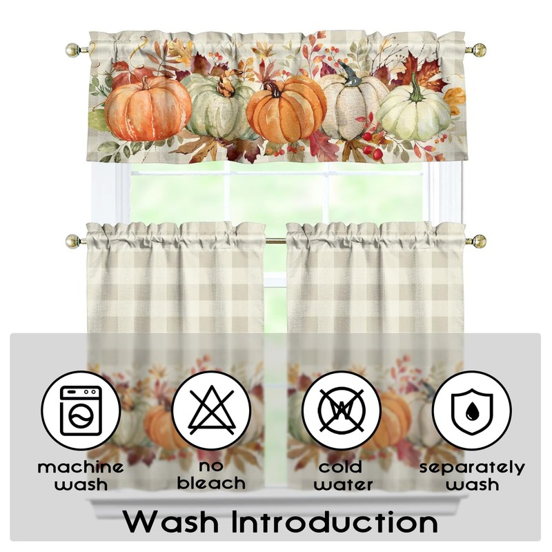 Fall Thanksgiving Kitchen Curtains Valances and Tiers 3 Piece Set,Orange,White,Green,Pumpkin