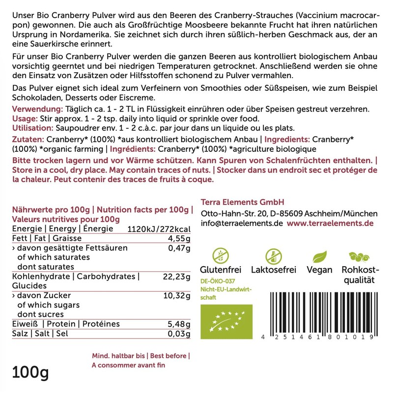 Terra Elements Organic Cranberry Powder, 100 g, 100% Pure, Vegan,