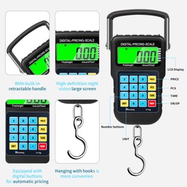 SKEAP 50kg Digital Hanging Scale, Luggage Scale with Price Computing Function, Hooks Included (for Farm, Hunting, Fishing, Outdoor), Fishing Scale with 2 AAA Batteries, Pocket Size, LCD Display