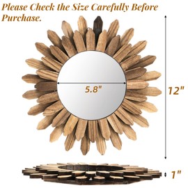 Eorbow Wall Mirror Decorative, 12 inch Rustic Wood Boho Mirror, Clear Sunburst Mirror for Home Farmhouse Bedroom Entryway Decor House Warming Gifts New Home, No Distortion