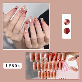 Valentine's Day Press on Nails Medium Glossy Full Cover Square Nude False Nails with Heart Designs Reusable Artificial Short Coffin Fake Nails with Glue Stick on Fingernails for Women