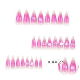 Long Stiletto Press on Nails Pink Fake Nails Bling Ombre False Nails with 3D Wave Design Aurora Heart Glue on Nails Artificial Acrylic Nail Full Cover Glitter Stick on Nails for Women Manicure 24 Pcs