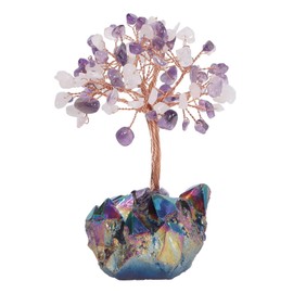 Cheungshing Amethyst Rose Quartz Crystal Tree with Rainbow Titanium Crystals Base, Healing Reiki Money Bonsai for Home Office Desk Decor