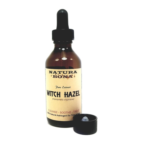 Natura Bona 100% Pure-Natural Witch Hazel Extract; 2 Ounce Amber Glass Bottle with Calibrated Glass Pipette.