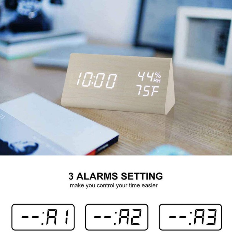 Digital Alarm Clock LED Display Sound Control Temperature Humidity Wood