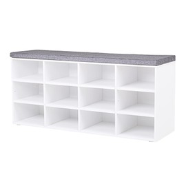 DINZI LVJ Shoe Storage Bench with Cushion, Cubby Shoe Rack with 12 Cubbies, Adjustable Shelves, Multifunctional Shoe Organizer Bench for Entryway, Mudroom, Hallway, Closet and Garage, White