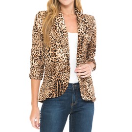 MINEFREE Women's 3/4 Ruched Sleeve Lightweight Work Office Blazer Jacket Leopard ANIMALBROWN M