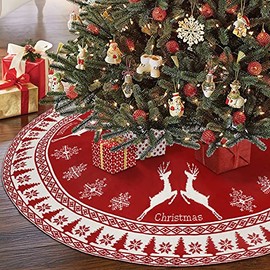 OurWarm Christmas Tree Skirt, 48 Inch Red Knitted Christmas Tree Skirt with Snowflake & Reindeer, Rustic Double-Sided Xmas Tree Skirt Christmas Decorations for Holiday Party Decor Indoor Outdoor