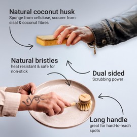 Vove | Eco Kitchen Cleaning Bundle | Bamboo Dish Brush & 6 Natural Kitchen Sponges | with 3 Replacement Heads | Sustainable Cleaning | Plastic-Free | Versatile Cleaning | High-Performance