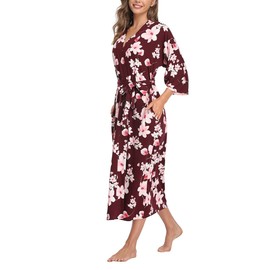 Women's Soft Robes Lightweight Kimono Loungewear Long Nightgown Knit Bathrobe Casual Sleepwear Pajamas with Pockets, Floral Wine X-Large