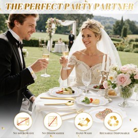 WDF 100PCS White and Gold Plastic Plates - Gold Disposable Plates - Include 50 Dinner & 50 Dessert Plate for Party - Heavy Duty Fancy Plastic Plate for Wedding/Thanksgiving/Bridal shower