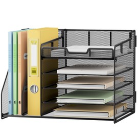 Lavatino Desk Organizer, 5-Tier Metal Mesh Paper Letter Tray with 2 File Holders & 7 Flexible Dividers for Office or Home Desk Organizers and Accessories, Keep Workspace Supplies Neat, Black