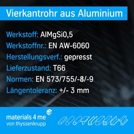 thyssenkrupp Aluminium EN AW-6060 Square Bar Aluminium Rectangular Tube in Various Sizes and Lengths