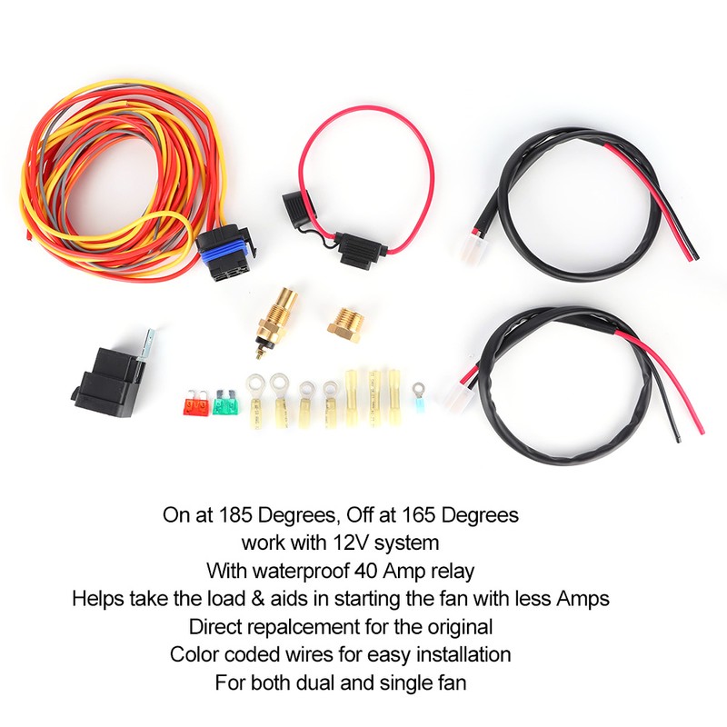 Electric Cooling Fan Wiring Harness Kit Dual Single 165/185 W/Thermostat