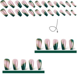 Coffin Press on Nails Medium Fake Nails with Green French Gold Foil Designs Full Cover Glue on Nails Press ons Acrylic Glossy Stick on Nail for Womem 24 Pcs