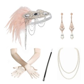 1920s Dresses for Women，Roaring 20s Sequins Outfit with Accessories Set for Wedding，Black Flapper Headbands with Pearl Necklace(Champagne)