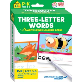 School Zone Three-Letter Words Write & Reuse Learning Cards: 32 Interactive Flash Cards, Ages 3-6, Preschool, Kindergarten, Letter & Word Recognition, Printing, Wipe Clean, Includes Dry Erase Marker