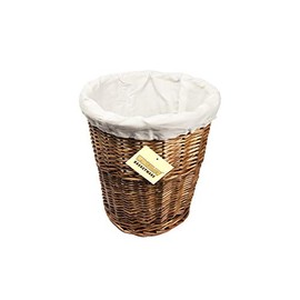 WoodLuv Round Wicker Waste Paper Bin with Cloth Lining, Brown/White