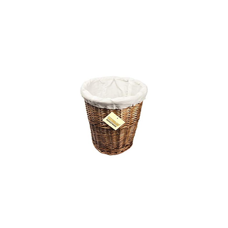 WoodLuv Round Wicker Waste Paper Bin with Cloth Lining, Brown/White