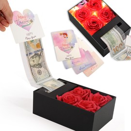 Money Box for Cash Gift Pull, Money Gift Boxes for Cash on Birthday, Christmas, Graduation, Mother's Day, for Husband, Wife, Girlfriend, Mother With Soap Rose Flower and Greeting Cards (Black+Red)