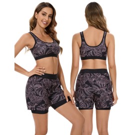 Cagola Rash Guard for Women 3 Piece Swimsuits Long Sleeve Bathing Suit with Boyshorts and Bra Ladies Swim Over 50 UPF 50+, Black & Monstera Leaves, XX-Large