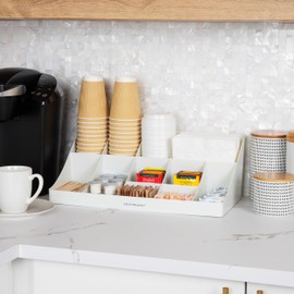 Mind Reader Cup and Condiment Station, Countertop Organizer, Coffee Bar, Kitchen, Stirrers, 17.875"L x 9.5"W x 6.625"H, White