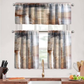 MCALK Brown Thin Kitchen Curtains Tiers and Valances Set 3 Piece for Windows Beige Kitchen Window Curtains Set,Modern Abstract Art Valances for Living Room(36" Tiers Set)