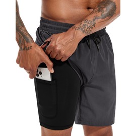 Atforna Men's Long 2-in-1 Swimming Shorts with Compression Quick-Drying Breathable Swim Shorts with Zip Pocket Adjustable Drawstring, dark grey