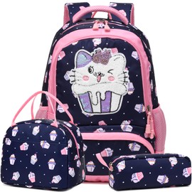 Dafelile Girls Backpack Kids Backpacks Cute Cat Backpack for Girls Prechool Elementary Kindergarten School Bookbag with Chest Strap and Lunch Bag