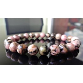 RAYON Pink Black Rhodonite Bead Bracelet for Men or Women On Stretch 8mm 7.5"