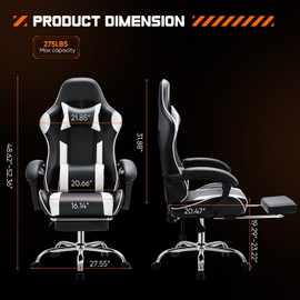 Sweetcrispy Video Game Desk Chair - Ergonomic Computer with Footrest and Comfy Lumbar Support, PU Leather Recliner with Headrest, Fixed Up Armrest, Height Adjustable with 360° Swivel, White, Adults