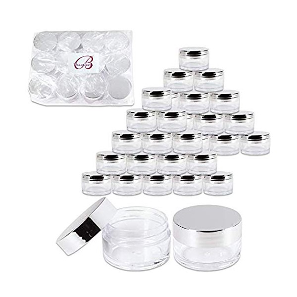 Beauticom 20g/20ml USA Acrylic Round Clear Jars with Lids for Lip Balms, Creams, Make Up, Cosmetics, Samples, Ointments (48 Jars, Metallic Silver)