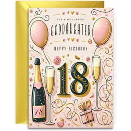 Goddaughter 18th Birthday Card - Champagne and Balloons design - Elegant Birthday Card for Her Age 18 with lovely verse inside. A5 with Gold Envelope