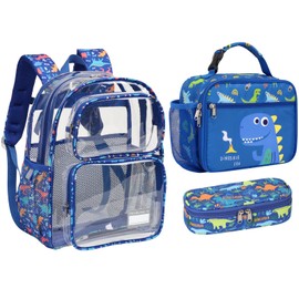 BrainyBees Clear Backpack for Boys 3 in 1 Set – 15 Inch Transparent Bookbag with Clear Lunch Bag & Pencil Case, Blue Dinosaur