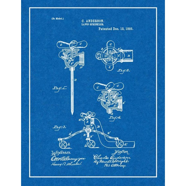 Lawn Sprinkler Patent Print Blueprint with Border (11" x 14")