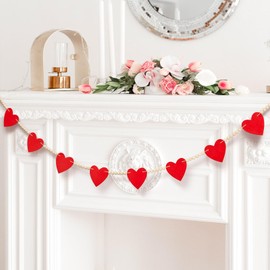 Ohuimrt Valentines Day Decoration, Valentines Banner with Red Felt Hearts and Wooden Beads Valentine Garland for Mantle, Wall, Fireplace, Party, Home Decor