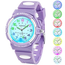 Juboos Kids Watch Analog with 7 Colorful Night Lights Boys Girls Waterproof Soft Strap Kids Time Teaching Quartz Wristwatch for Ages 5-18 (Purple)