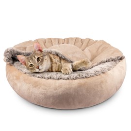 JOEJOY Small Dog Bed Cat Bed with Hooded Blanket, Cozy Cuddler Luxury Puppy Pet Bed, Donut Round Calming Anti-Anxiety Dog Burrow Cave Bed - Anti-Slip Bottom and Machine Washable 23 inch