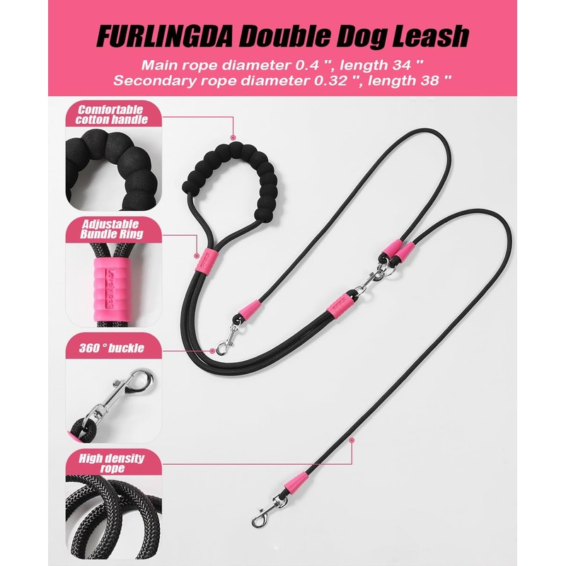 FURLINGDA Hands Free Double Dog Leash for Two Dogs, No